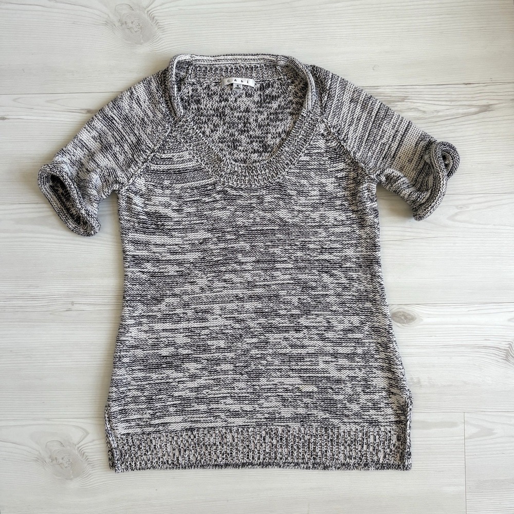 CAbi Sweater Women S Marled Gray Knit Short Sleeve Tunic‎ Lightweight Preppy